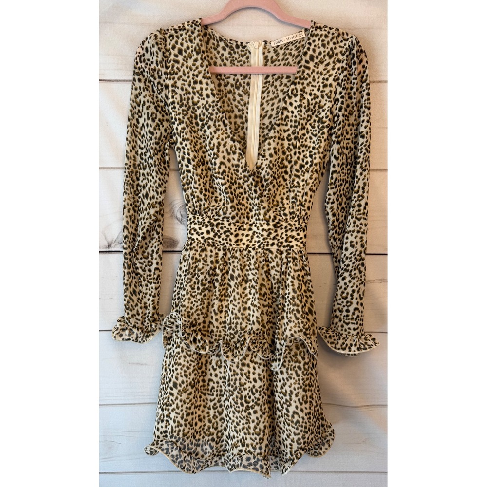Saints + Secrets Leopard Print Ruffle Mini Dress Long Sleeve V-Neck Small